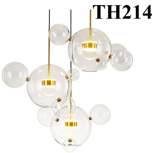 Đèn thả thủy tinh TH214, thân mạ đồng  4 chao thủy tinh trắng trong, tích hợp led ánh sáng vàng, KT(mm): D300+D100+D120+D150xH500